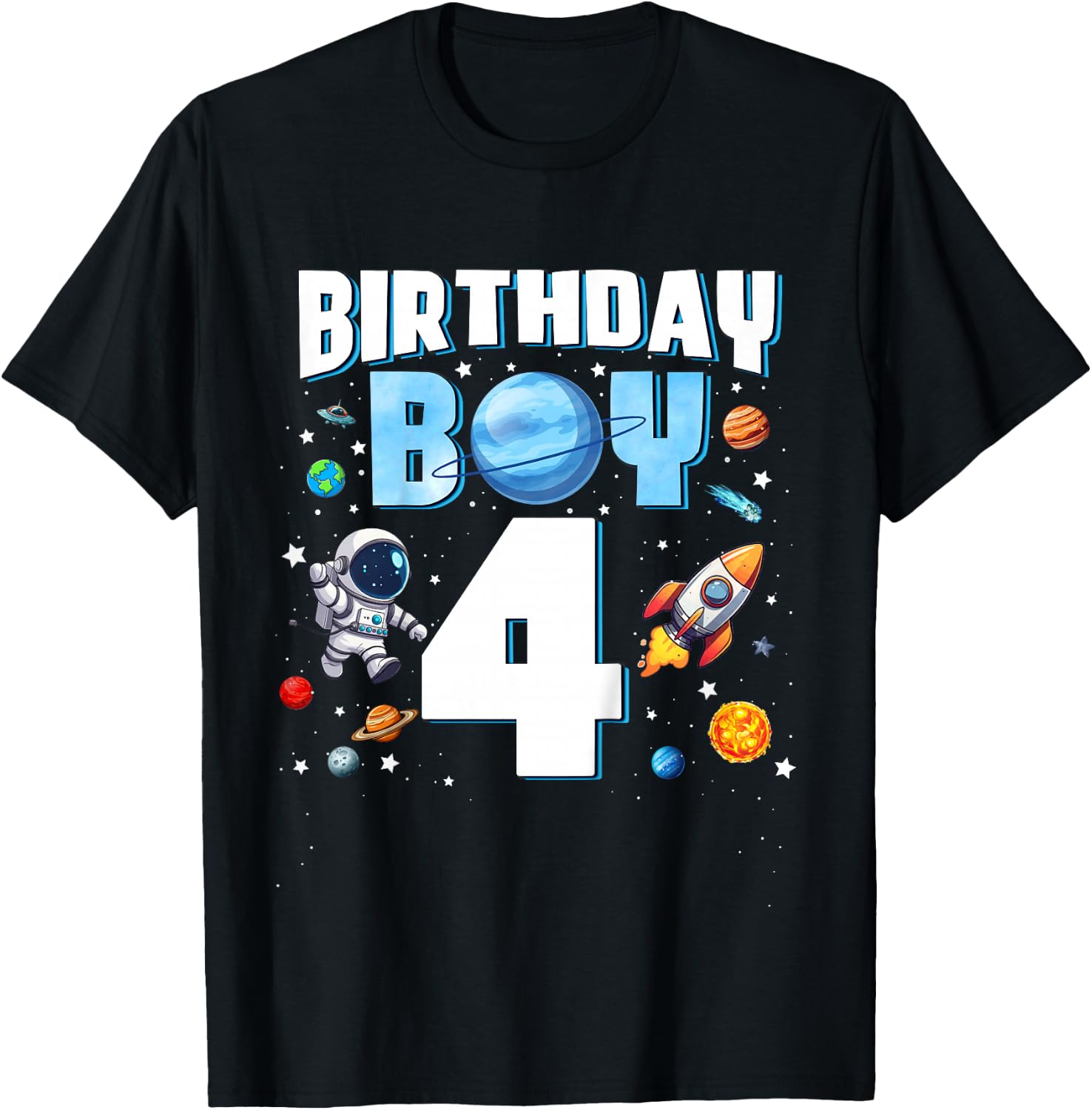 Kids 4 Year Old Astronaut Birthday Boy Outer Space 4th Birthday T-Shirt - T-Shirt | Black