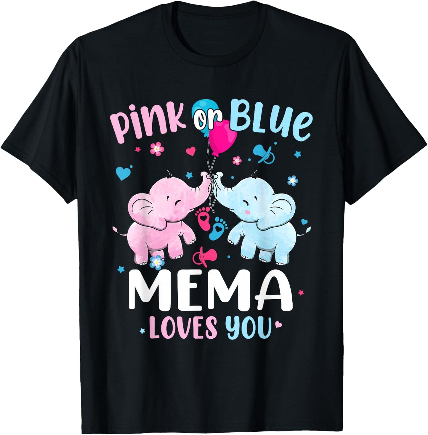 Pink or Blue Mema Loves You Gender Reveal Elephant Grandma T-Shirt - T-Shirt | Black
