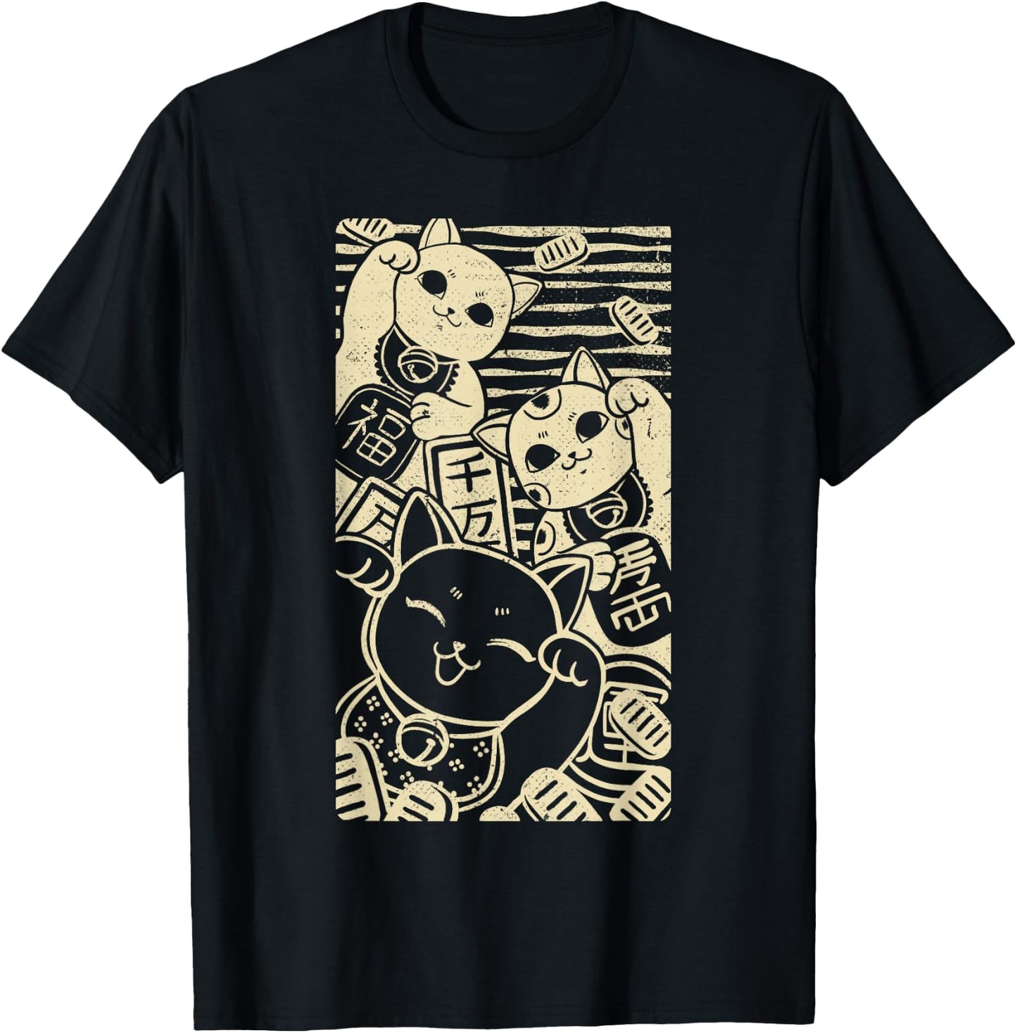 Maneki nekos - Lucky Cats Japanese Style Design T-Shirt - T-Shirt | Black