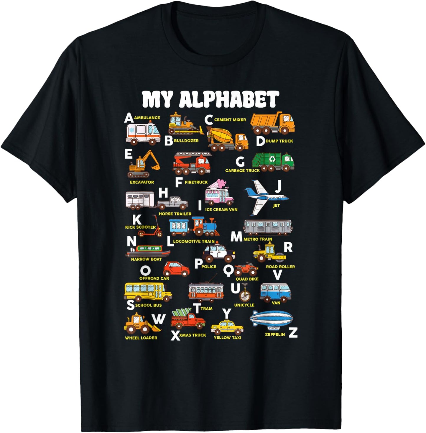Alphabet Transport Learning ABC Car Bus Truck Educational T-Shirt - T-Shirt | Black