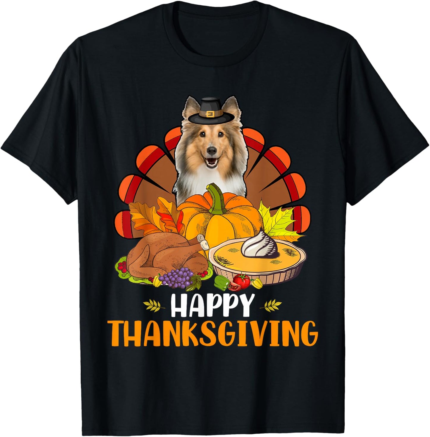 Thanksgiving Turkey Sheltie Dog Eating Dinner Family Lover T-Shirt - T-Shirt | Black