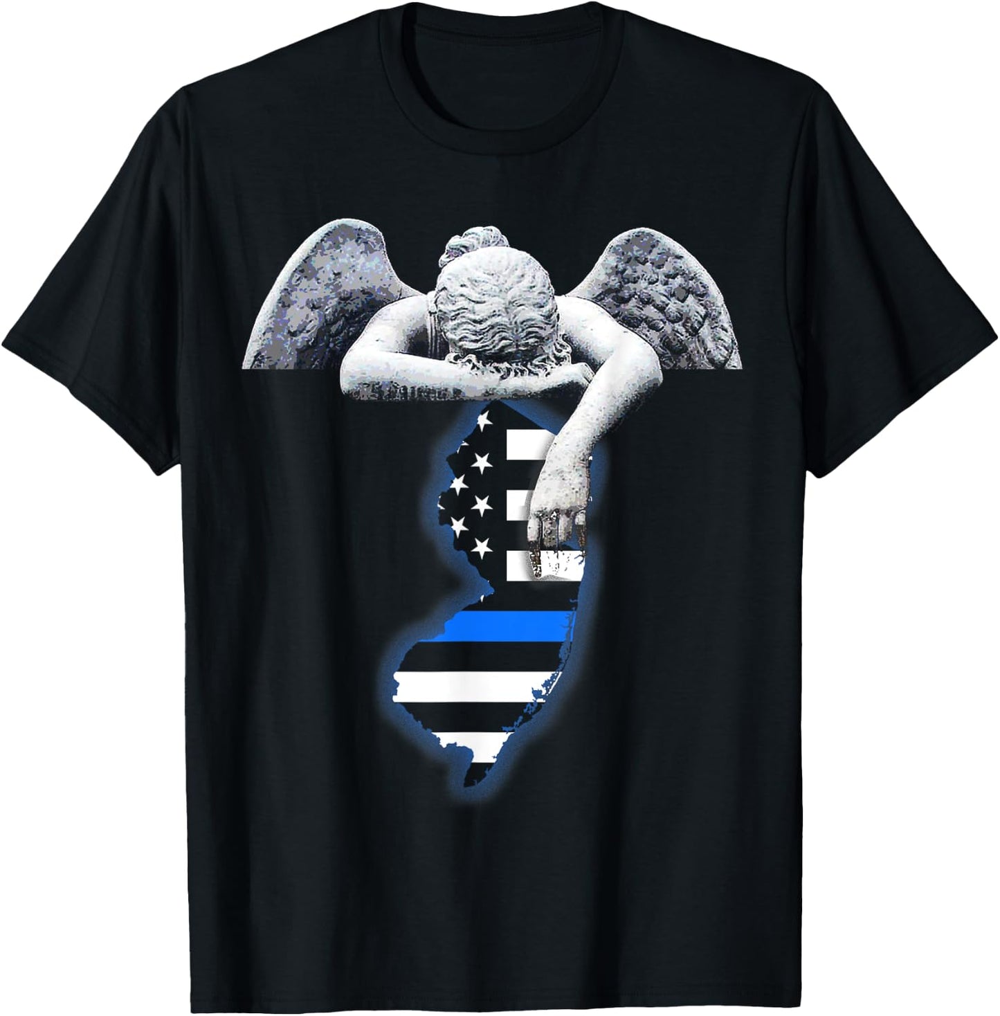 New Jersey Thin Blue Line Flag and Angel for Law Enforcement T-Shirt - T-Shirt | Black