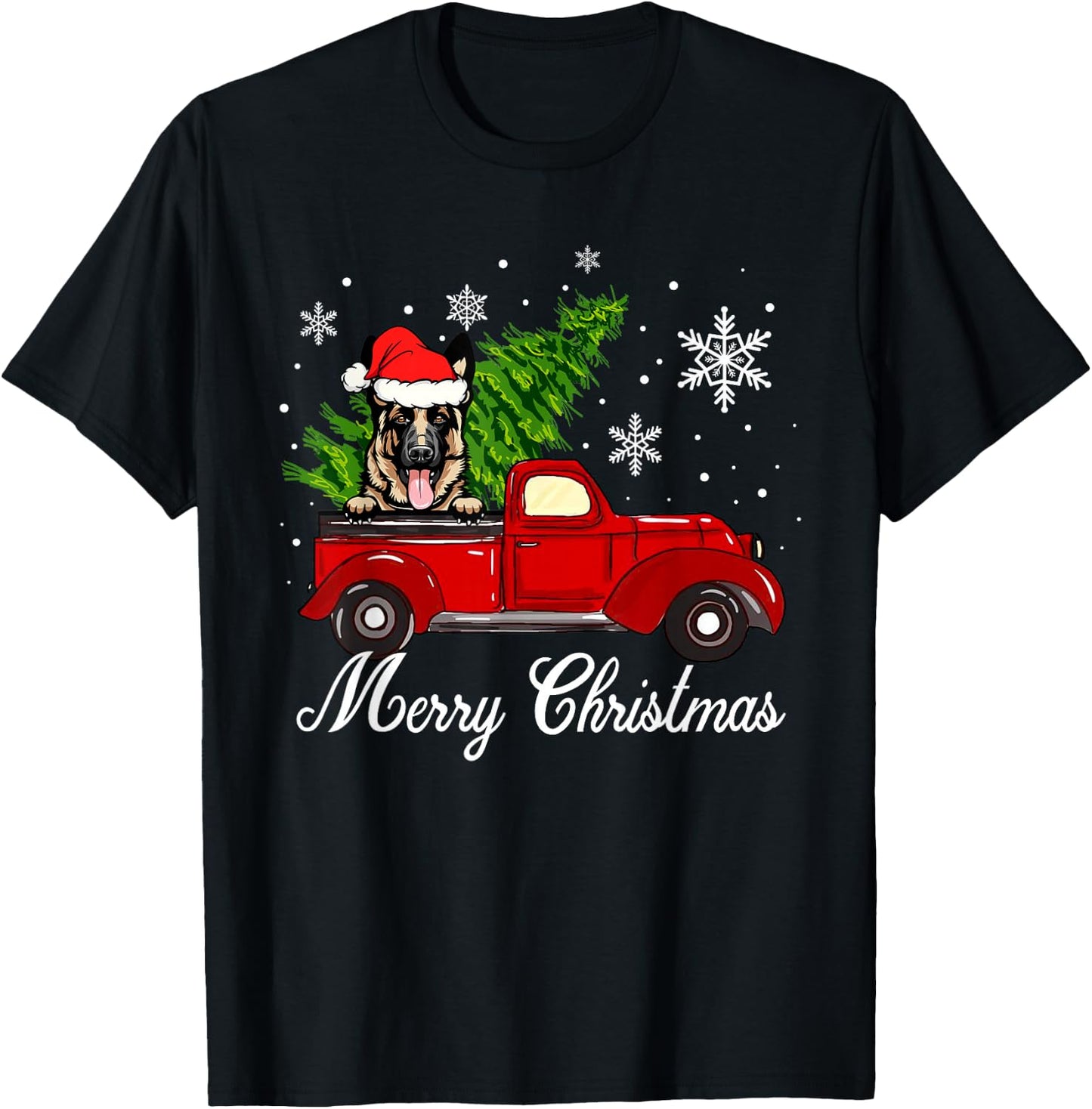 German Shepherd Dog Riding Red Truck Christmas Decorations T-Shirt - T-Shirt | Black