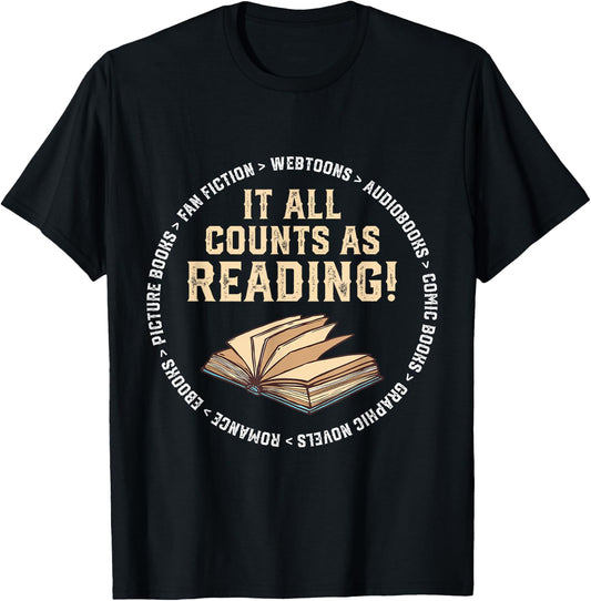 It All Counts As Reading Reader Librarian Teacher T-Shirt - T-Shirt | Black