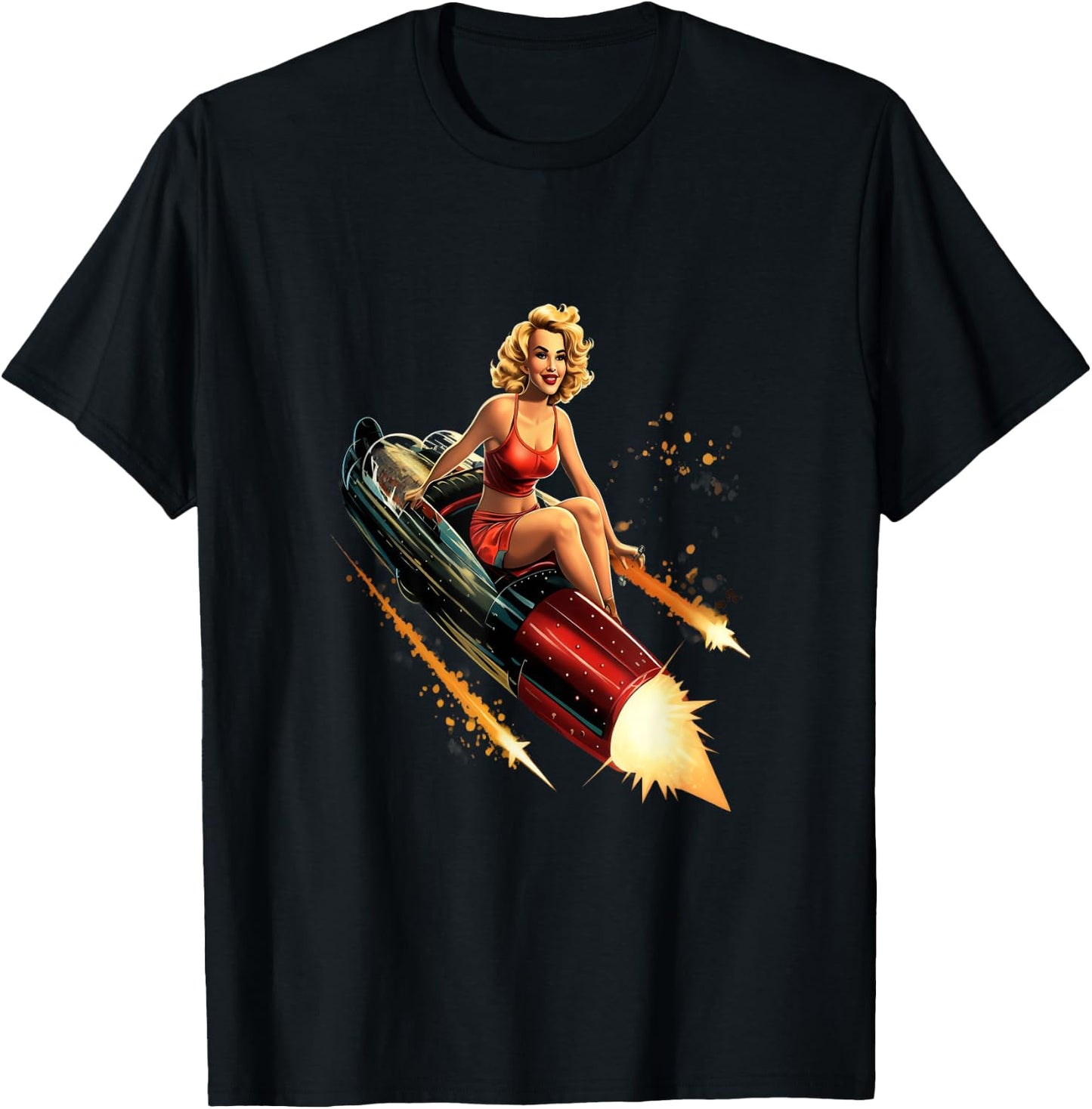 Pinup Girl Rocket Space Astronaut Pin-Up Vintage T-Shirt - T-Shirt | Black