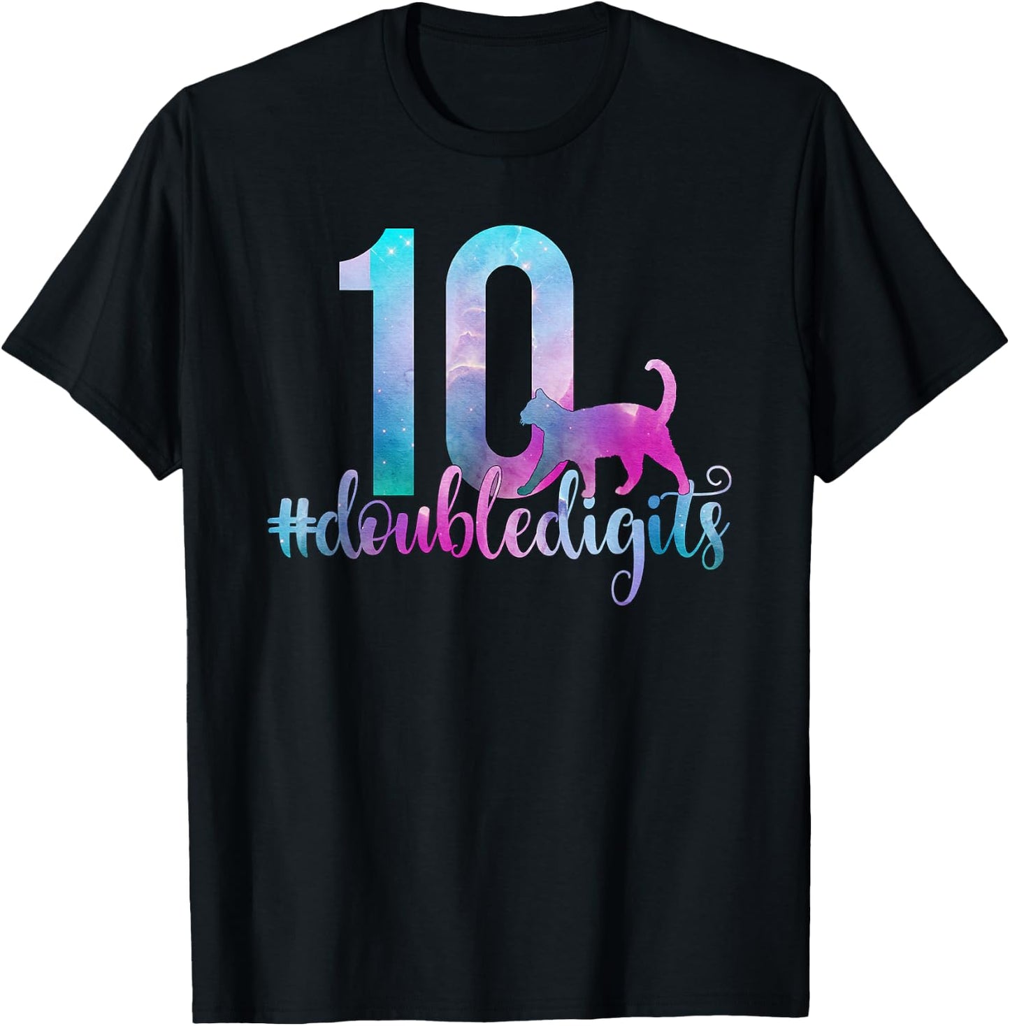 10th Birthday Girl Double Digits Girls Ten 10 Galaxy Cat T-Shirt - T-Shirt | Black