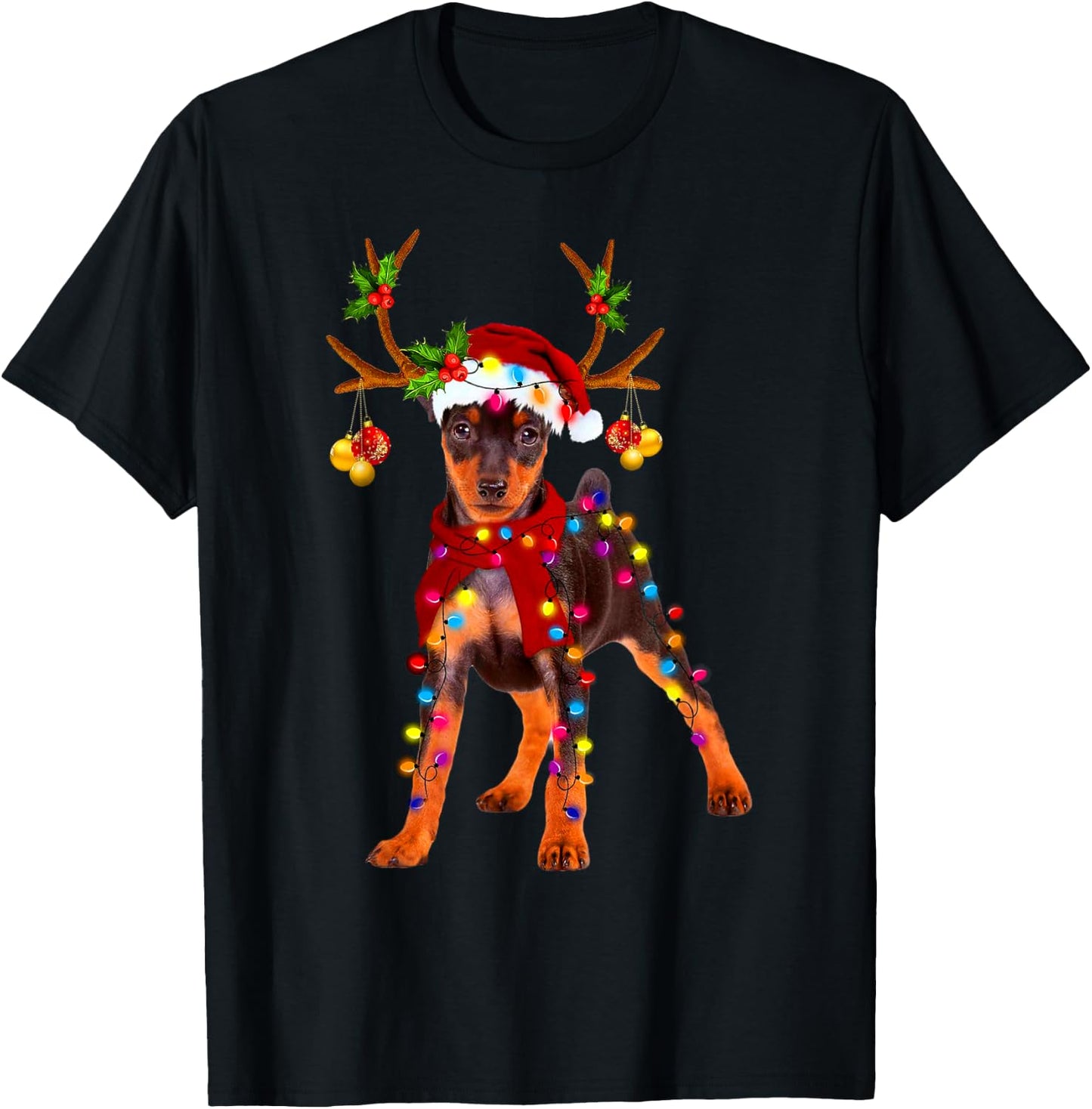 Santa min pin gorgeous reindeer Light Christmas T-Shirt - T-Shirt | Black