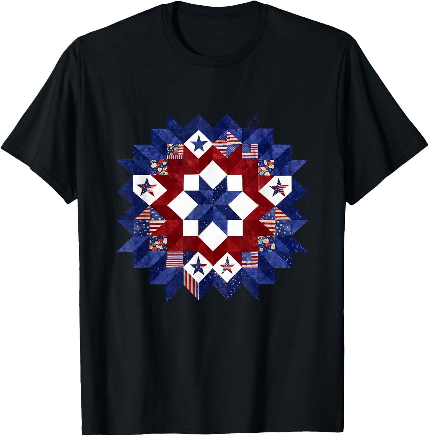 Patriotic Quilt Block Americana Quilting USA Flag Patchwork T-Shirt - T-Shirt | Black