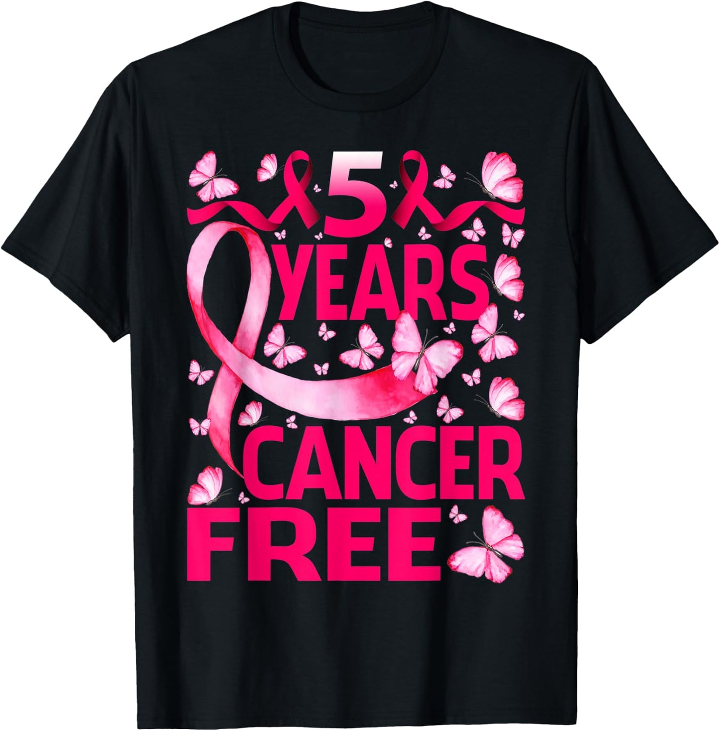 5 Years Breast Cancer Free Survivor Butterfly T-Shirt - T-Shirt | Black