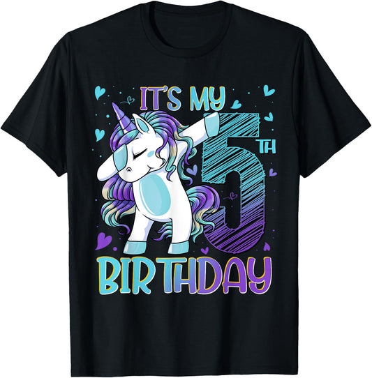 5 Year Old Unicorn Dabbing 5th Birthday Girl Unicorn Party T-Shirt - T-Shirt | Black