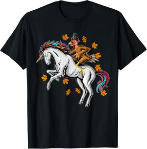 Thanksgiving Turkey Riding Unicorn T-Shirt - T-Shirt | Black