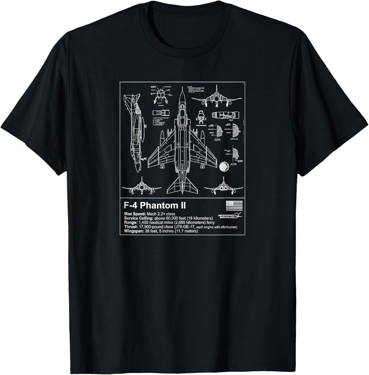 F-4 Phantom Blueprint Technical Schematic - Aviation Art T-Shirt - T-Shirt | Black