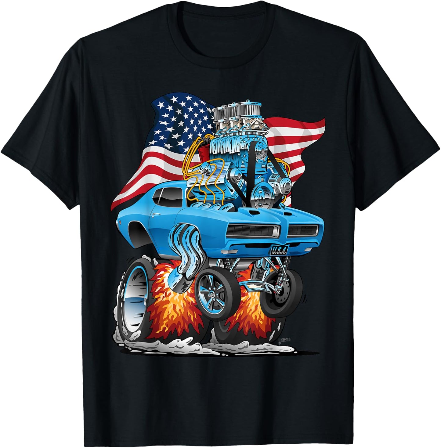 Patriotic 60s Muscle Car Funny Dragster USA Hotrod Cartoon T-Shirt - T-Shirt | Black