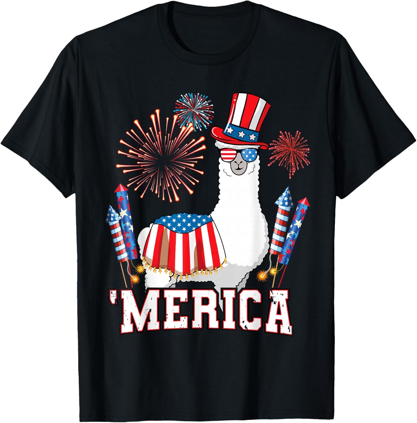 Patriotic Llama Merica Funny 4th of July Fireworks T-Shirt - T-Shirt | Black