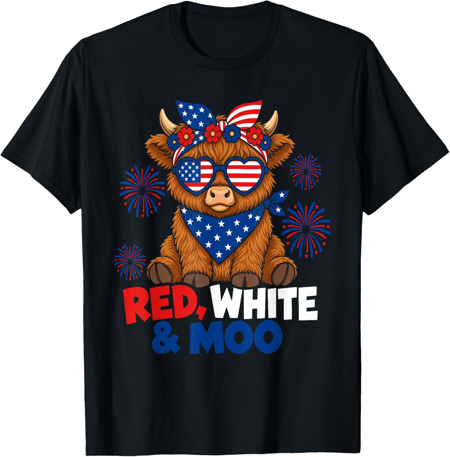 Patriotic Moo Highland Cow Fourth of July American Flag Star T-Shirt - T-Shirt | Black