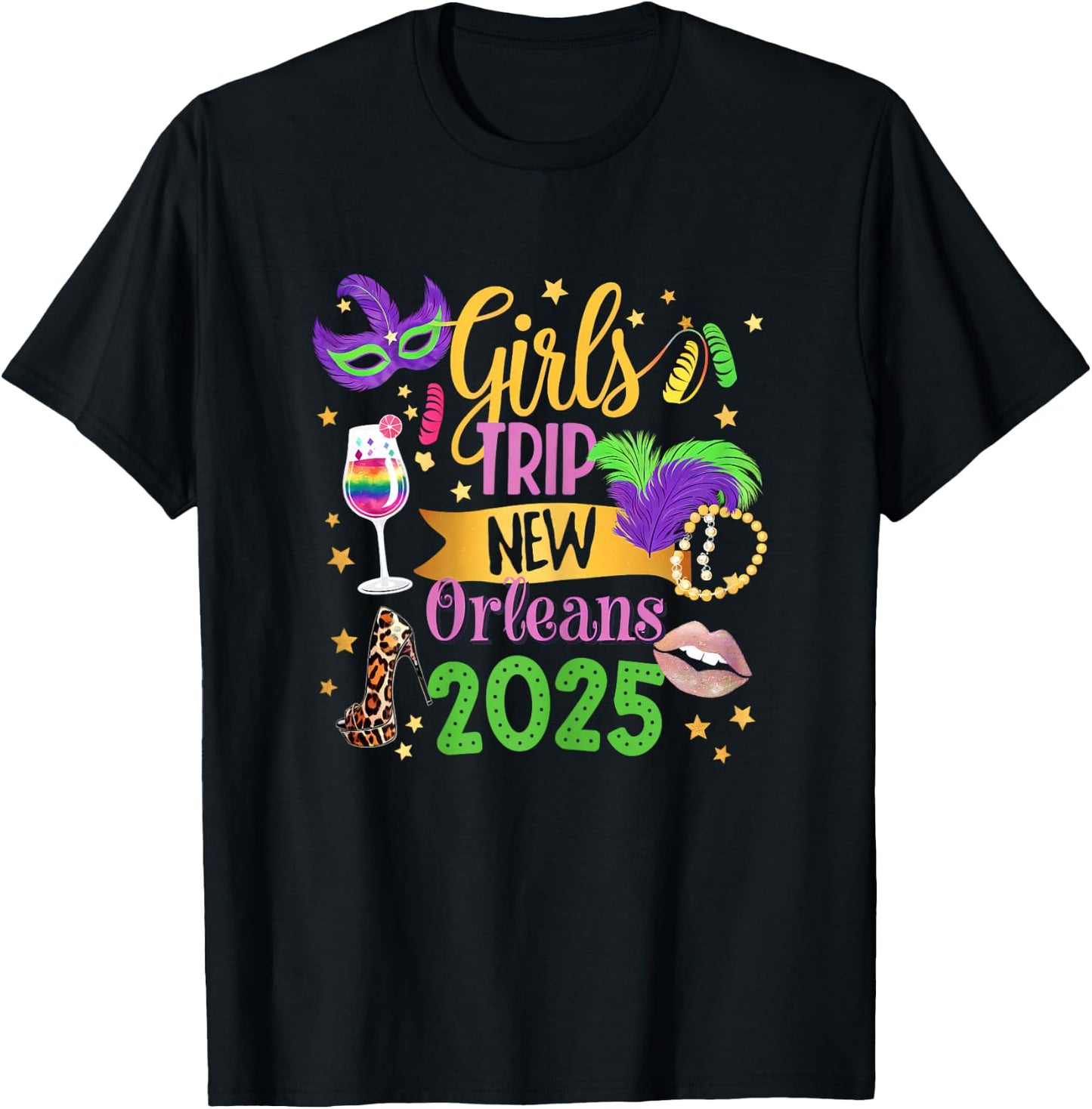 Girls Trip New Orleans 2025 Mardi Gras Mask Beads Family T-Shirt - T-Shirt | Black