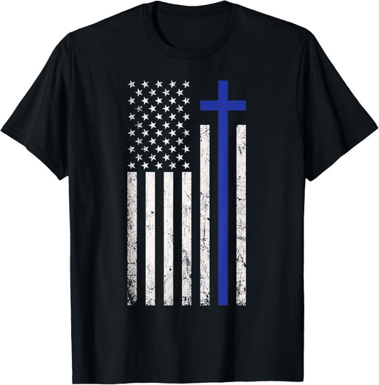 Christian American Flag Cross Blue Line Law Enforcement. T-Shirt - T-Shirt | Black