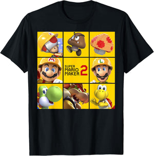 Super Mario Maker 2 Character Logo Box Grid Panel T-Shirt - T-Shirt | Black