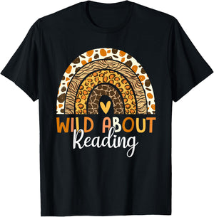 Wild About Reading Teacher Back to School Leopard Rainbow T-Shirt - T-Shirt | Black
