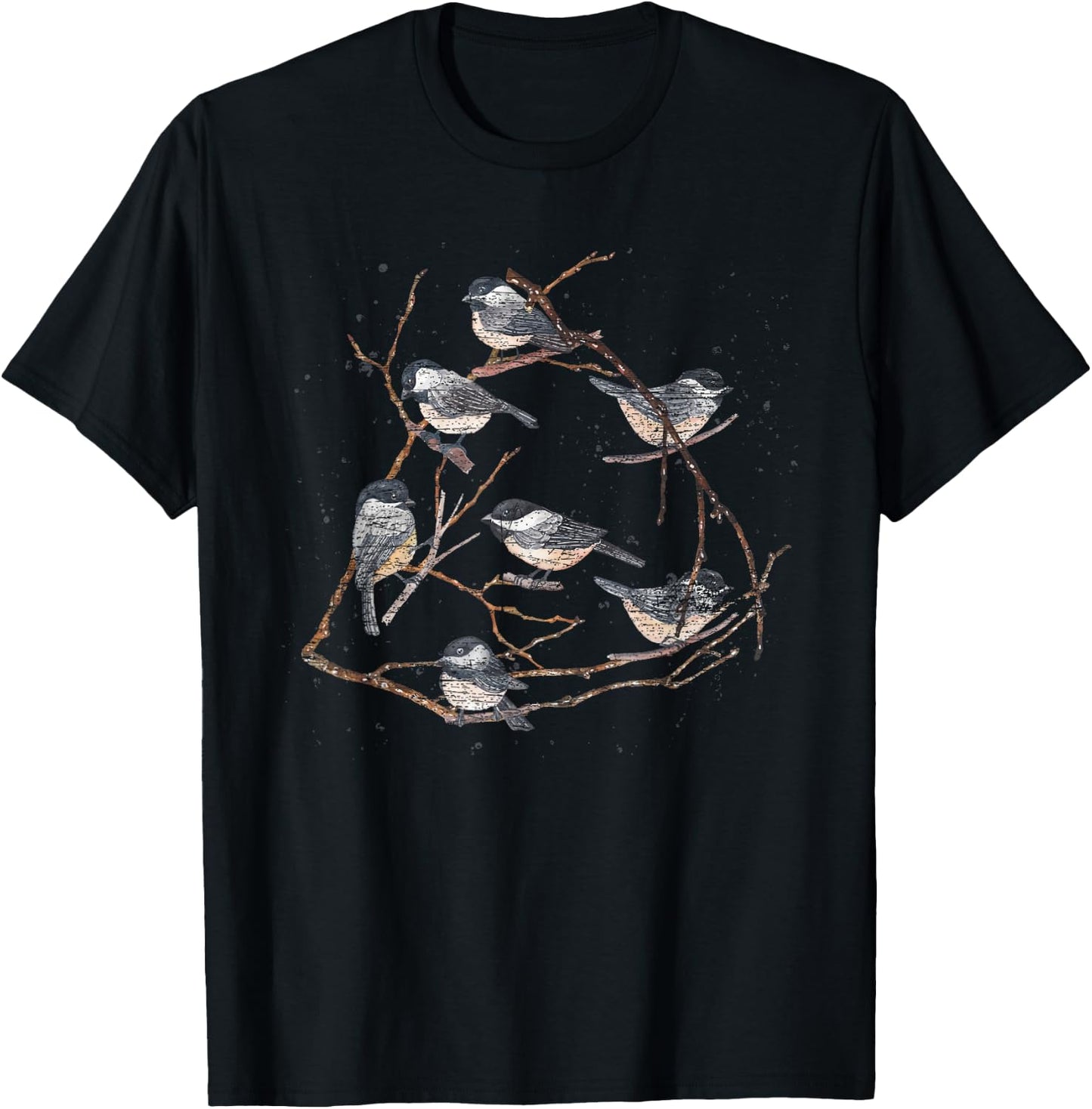 Tree Branches Nature Animal Lover Vintage Birds Chickadee T-Shirt - T-Shirt | Black