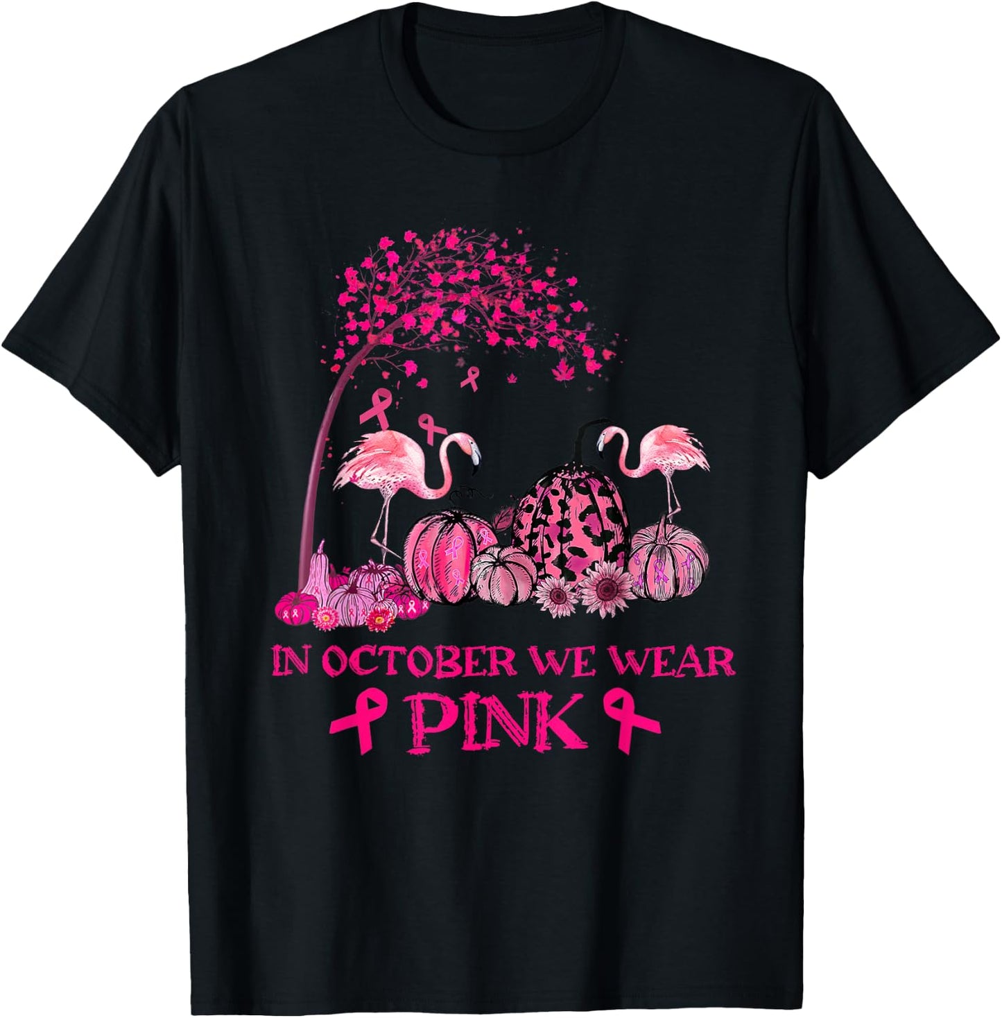 In October We Wear Pink Flamingo Breast Cancer Awareness T-Shirt - T-Shirt | Black