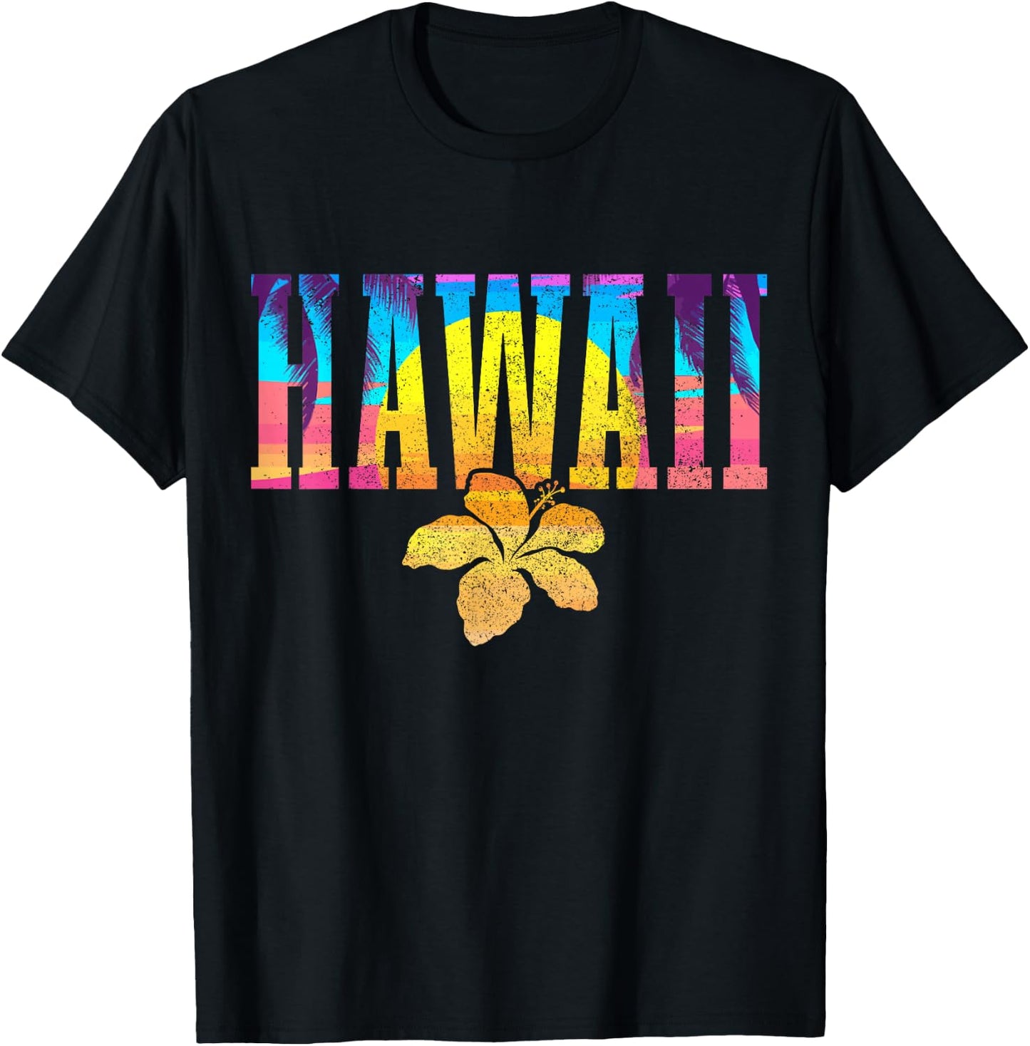 Hawaii Vintage Sunset Hibiscus Flower Hawaiian Surf Surfer T-Shirt - T-Shirt | Black