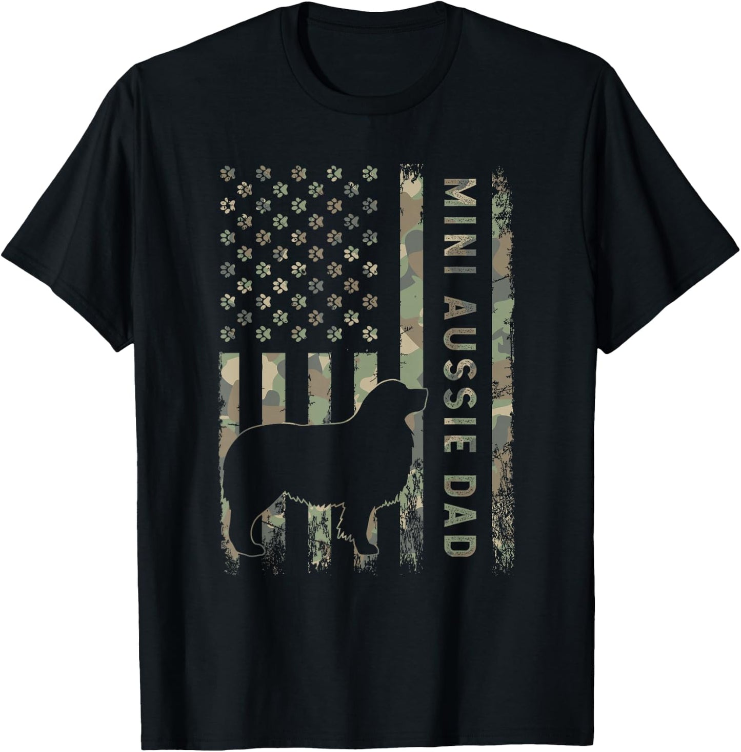 Mini Aussie Dad Australian Shepherd Dog Camo USA Flag T-Shirt - T-Shirt | Black