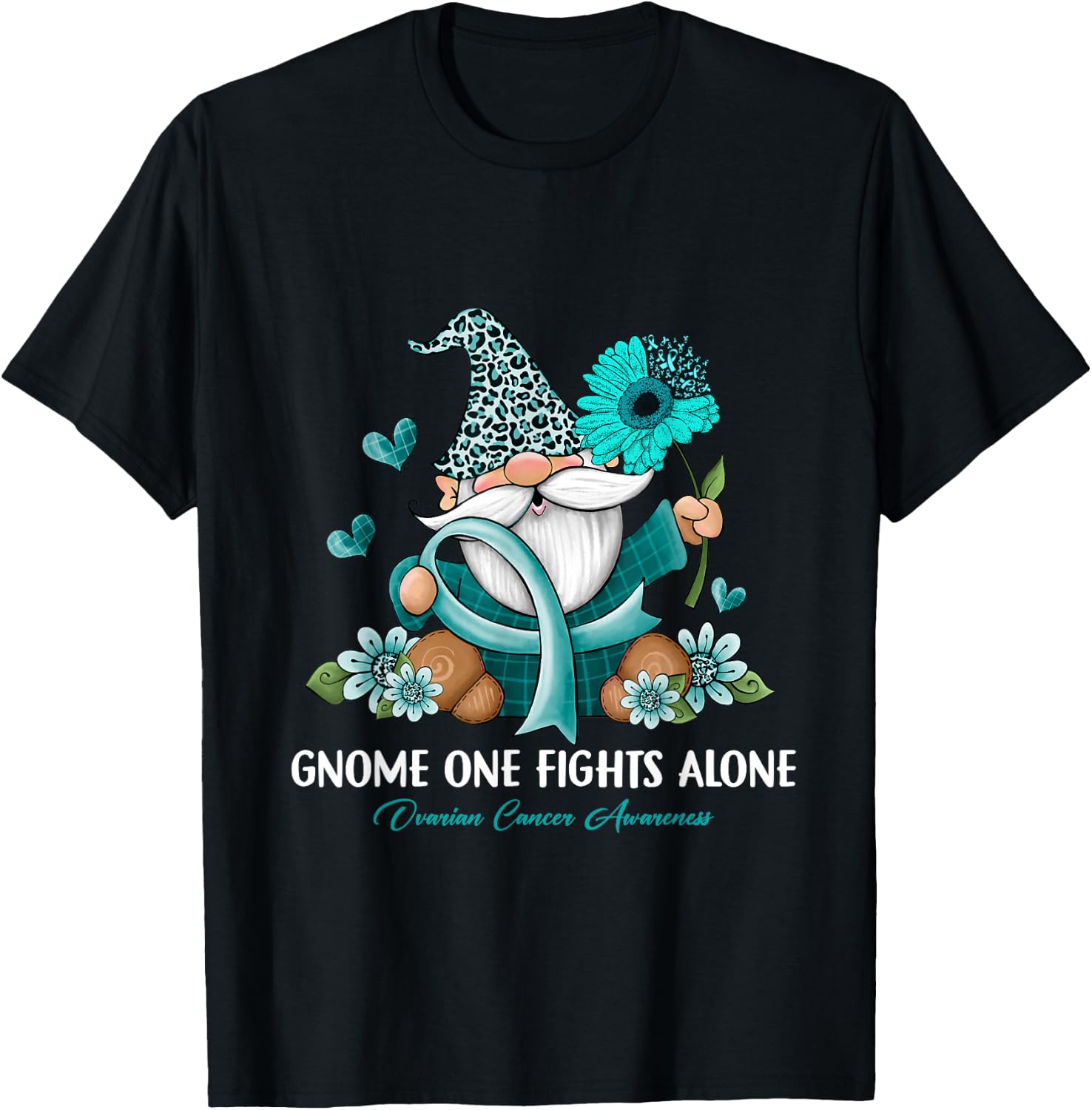 Sunflower Gnome One Fights Alone Ovarian Cancer Awareness T-Shirt - T-Shirt | Black