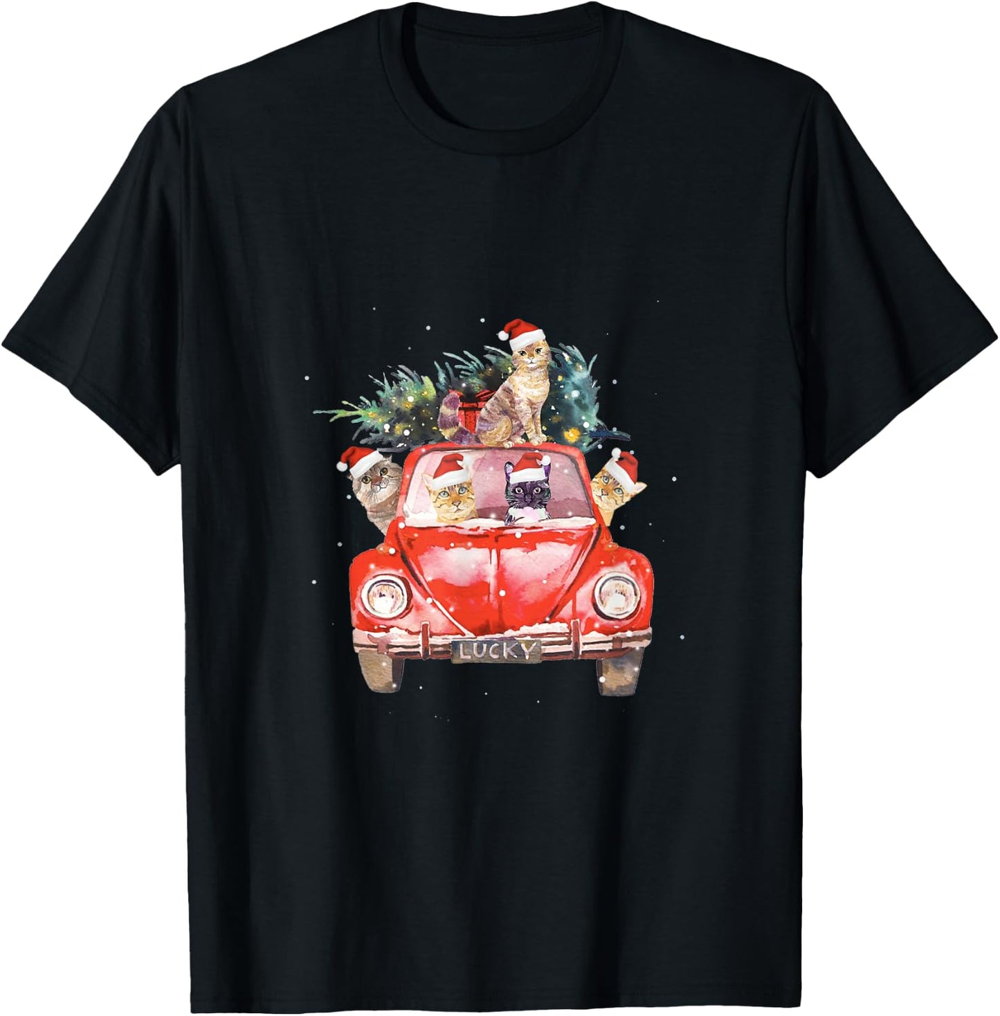 Cat Riding Red Truck Christmas Tree Cat Santa Hat Xmas Gift Women Kids T-Shirt - T-Shirt | Black