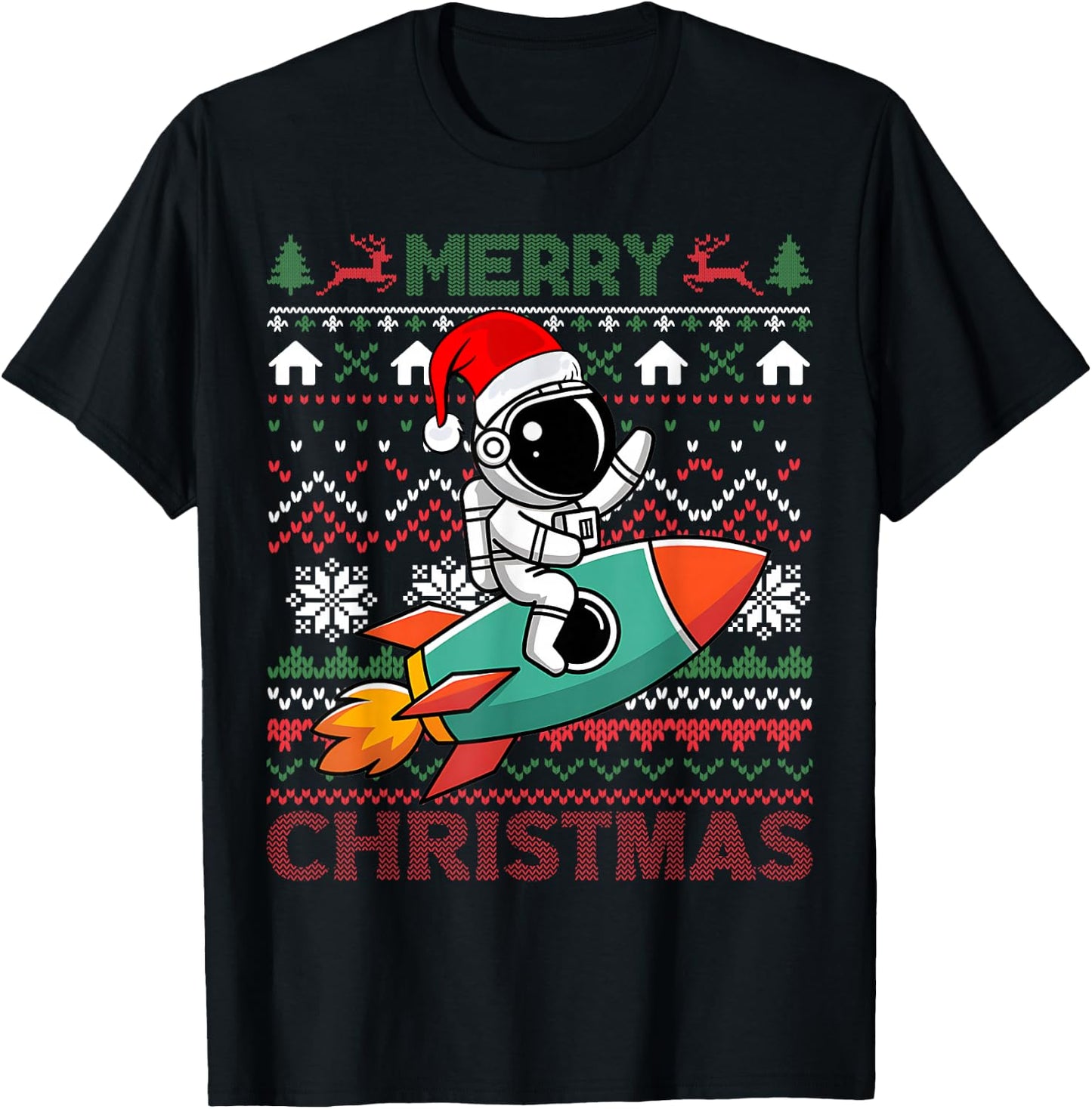Merry Ugly Christmas Santa Hat Astronaut Riding Rocket Xmas T-Shirt - T-Shirt | Black