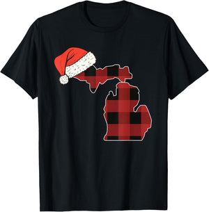 Michigan Plaid Christmas Santa Hat Holiday Matching T-Shirt - T-Shirt | Black