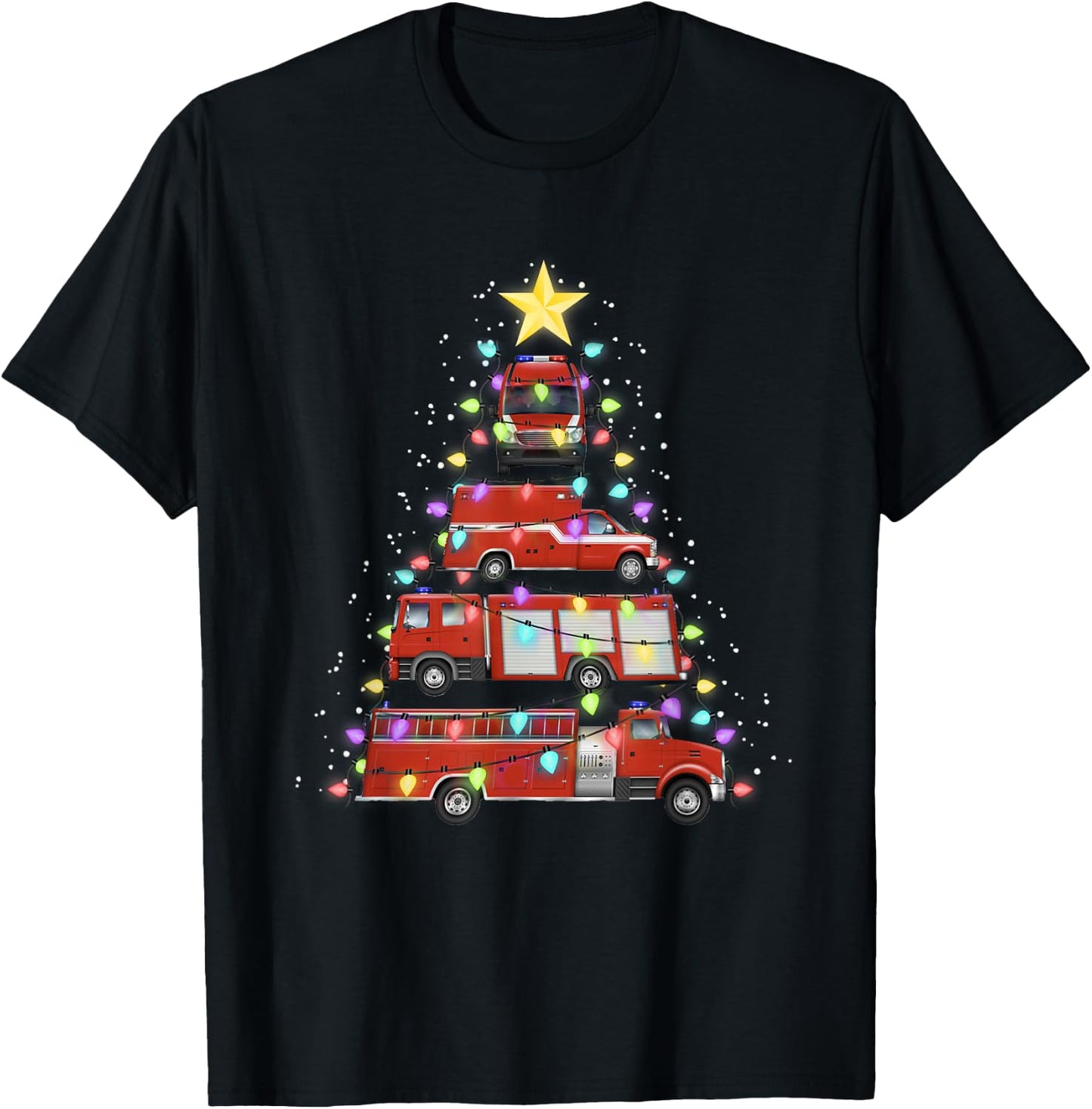 Firefighter Fire Truck Christmas Tree Santa Xmas Light Gift T-Shirt - T-Shirt | Black