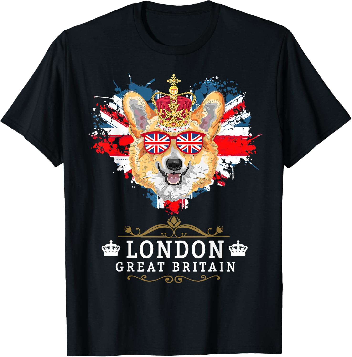 London Idea For Kids With Union Jack Flag Of England & Corgi T-Shirt - T-Shirt | Black
