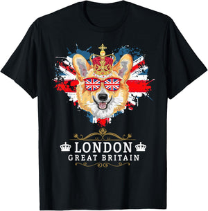 London Idea For Kids With Union Jack Flag Of England & Corgi T-Shirt - T-Shirt | Black