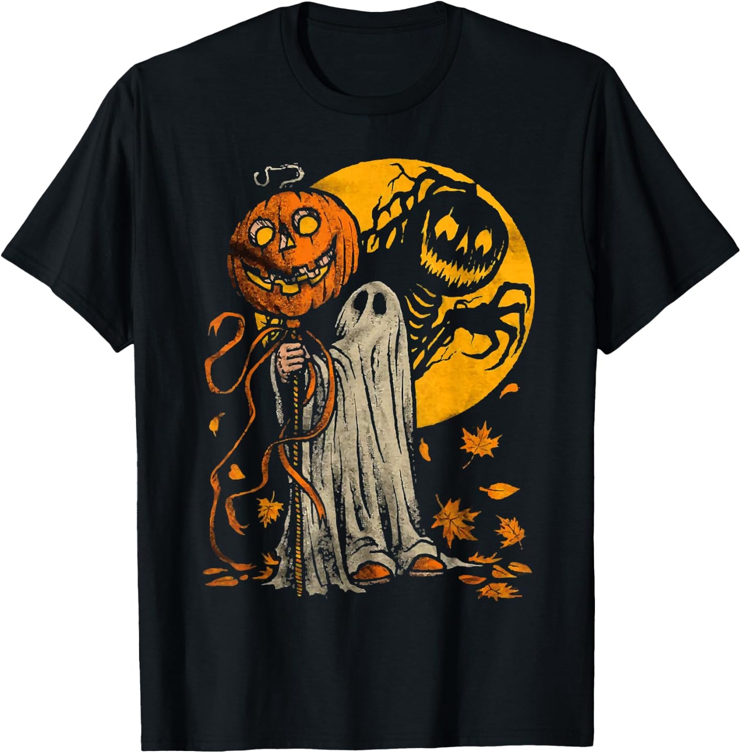 Halloween Pumpkin Ghost Autumn Leaves Graphic Art T-Shirt - T-Shirt | Black