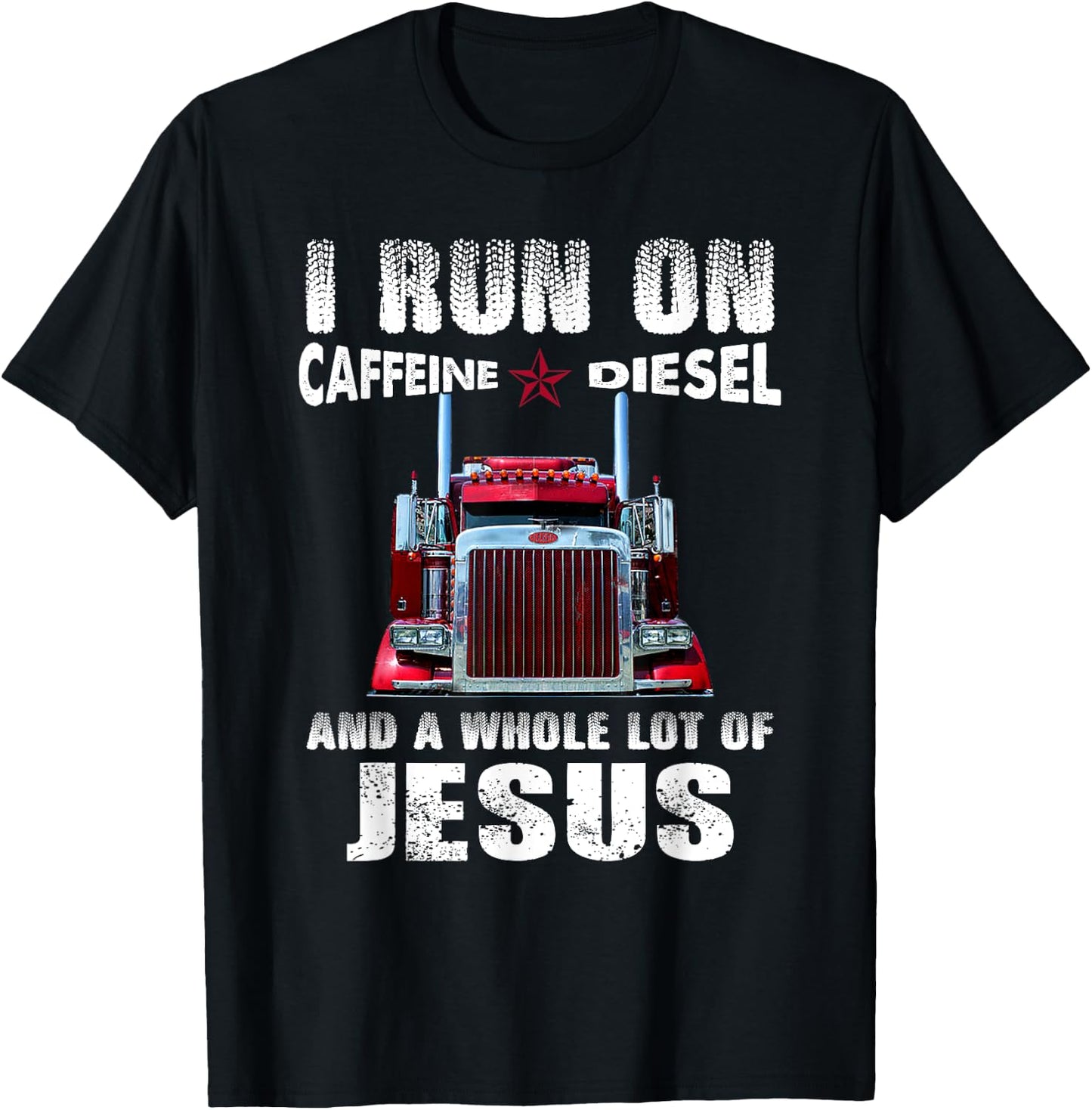 Caffeine Diesel Jesus Christian Trucker Distressed T-Shirt - T-Shirt | Black