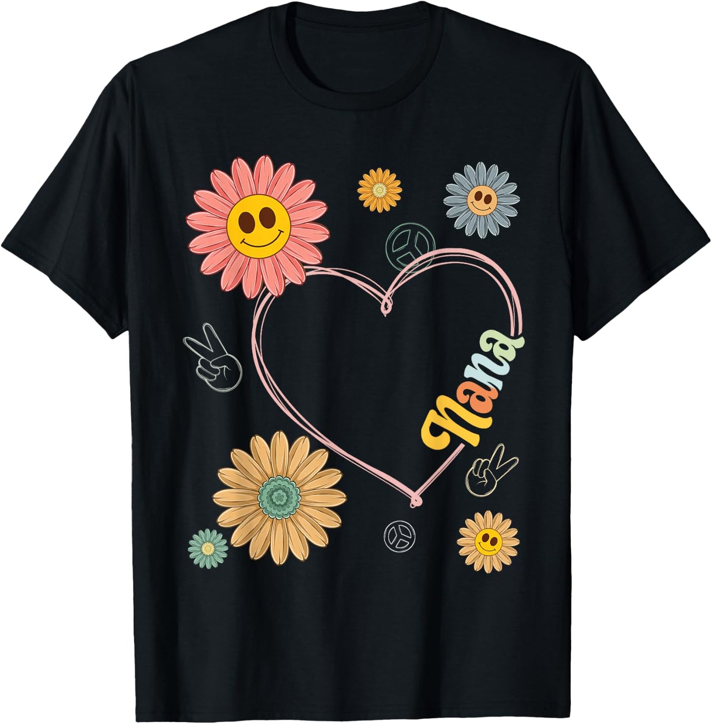 Love Heart Groovy Nana Mother's Day Women Hippie 70's Style T-Shirt - T-Shirt | Black