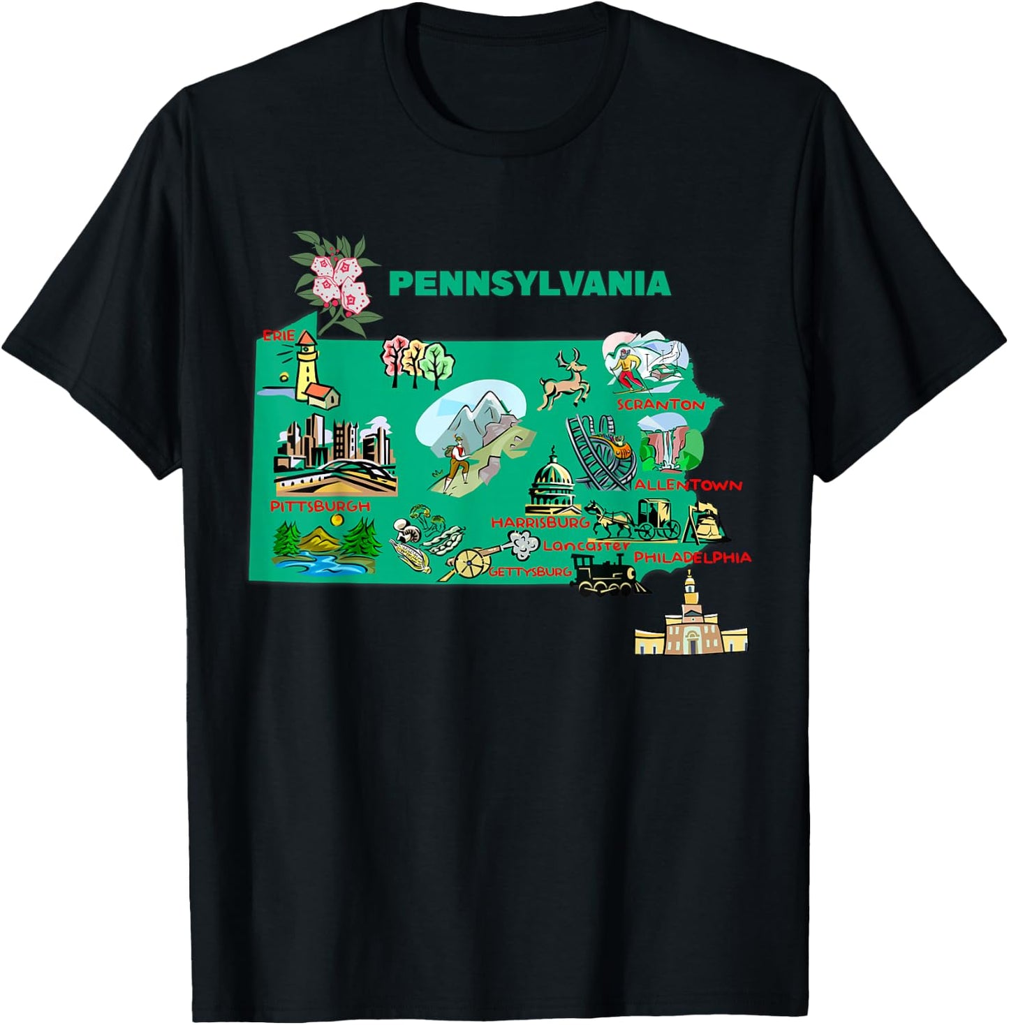 tourism map of Pennsylvania state, USA, major cities, flag T-Shirt - T-Shirt | Black