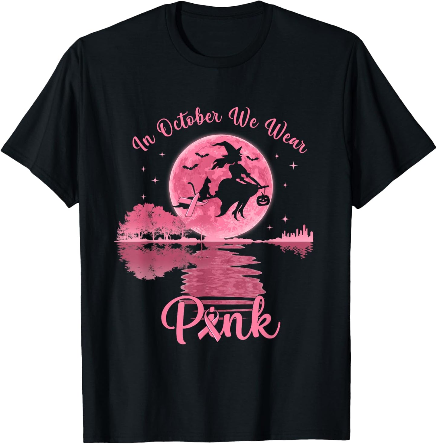 In October We Wear Pink Witch Breast Cancer Awareness T-Shirt - T-Shirt | Black