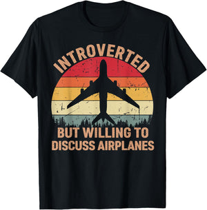 Introverted But Willing To Discuss Airplanes Vintage Pilot T-Shirt - T-Shirt | Black