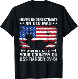 Never Underestimate an Old Man On USS Ranger CV-61 Aircraft T-Shirt - T-Shirt | Black