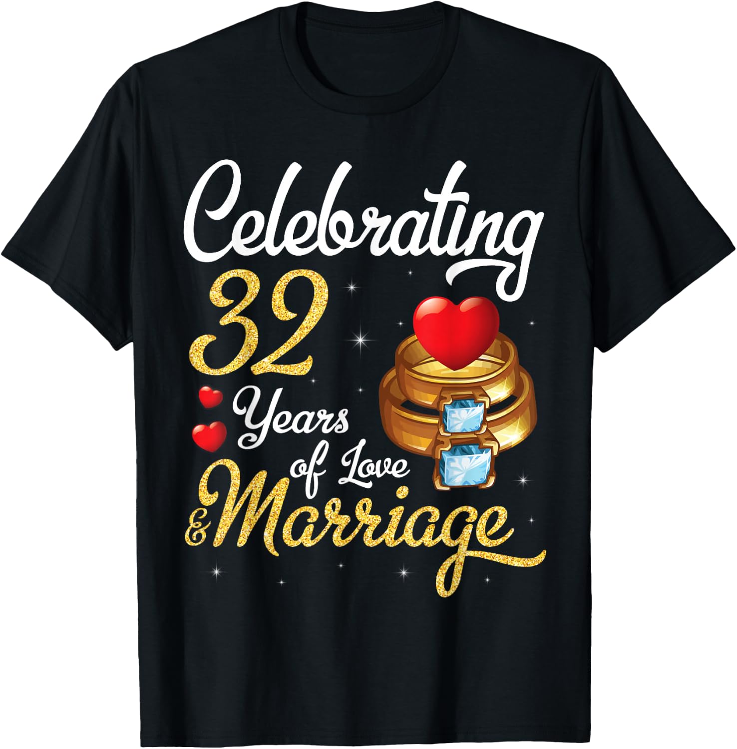 Husband & Wife Celebrating 32 Years Of Love Marriage Wedding T-Shirt - T-Shirt | Black