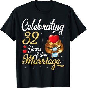 Husband & Wife Celebrating 32 Years Of Love Marriage Wedding T-Shirt - T-Shirt | Black