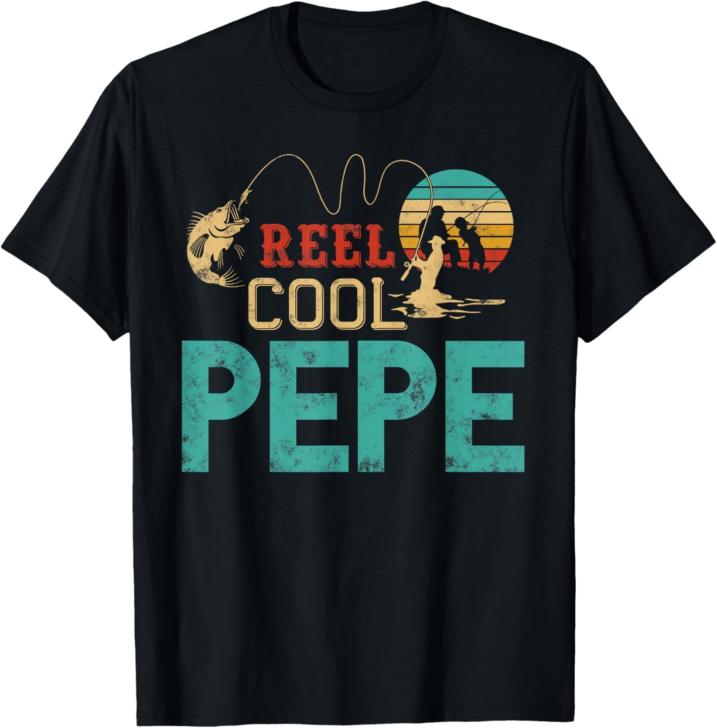 Reel Cool Pepe vintage funny fishing rod Gift Pepe T-Shirt - T-Shirt | Black