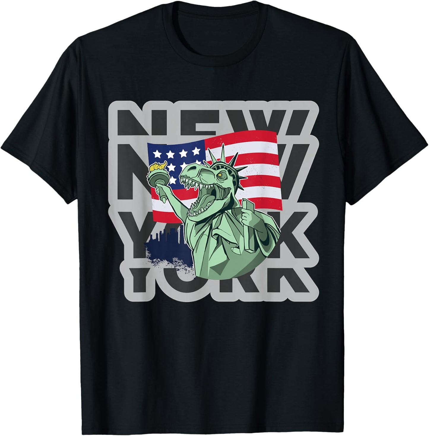 NYC New York City Skylines statue of liberty Growl Dinosaur T-Shirt - T-Shirt | Black