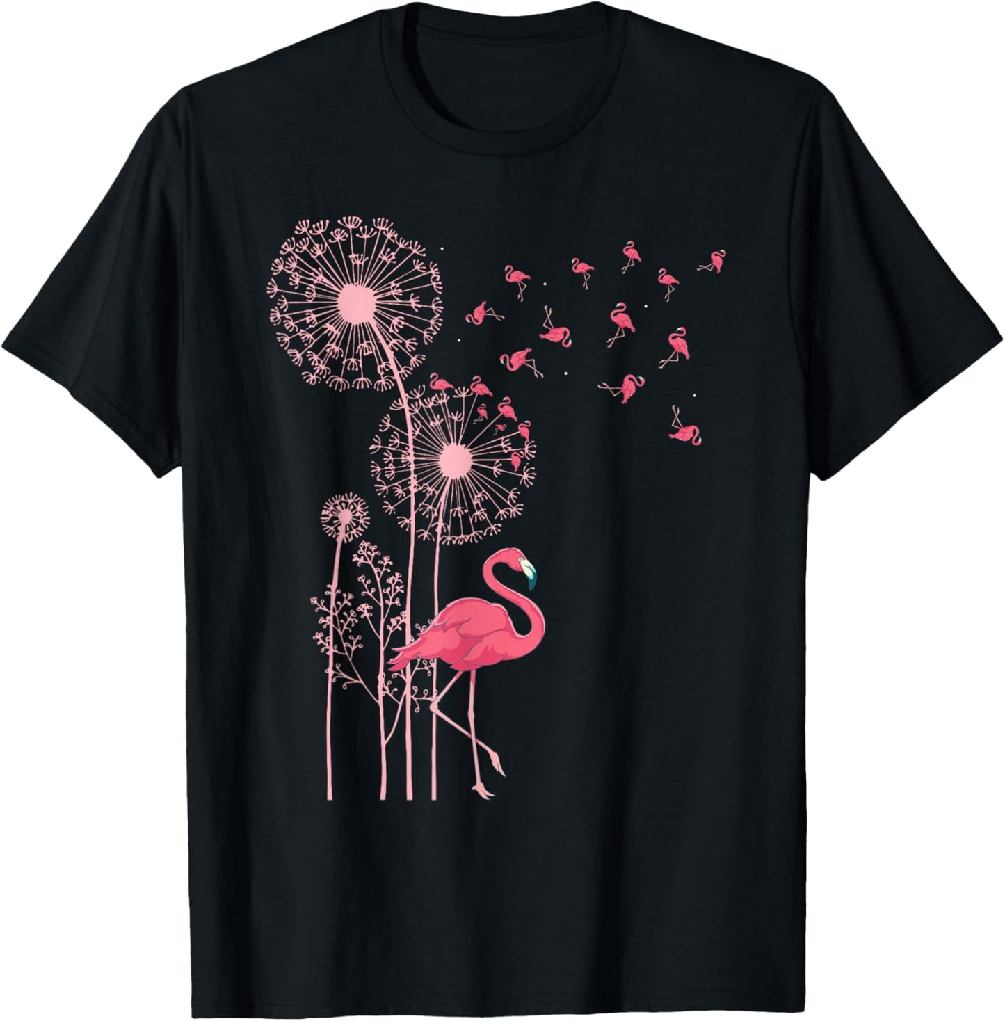 Flower Dandelion Exotic Animal Tropical Bird Pink Flamingo T-Shirt - T-Shirt | Black
