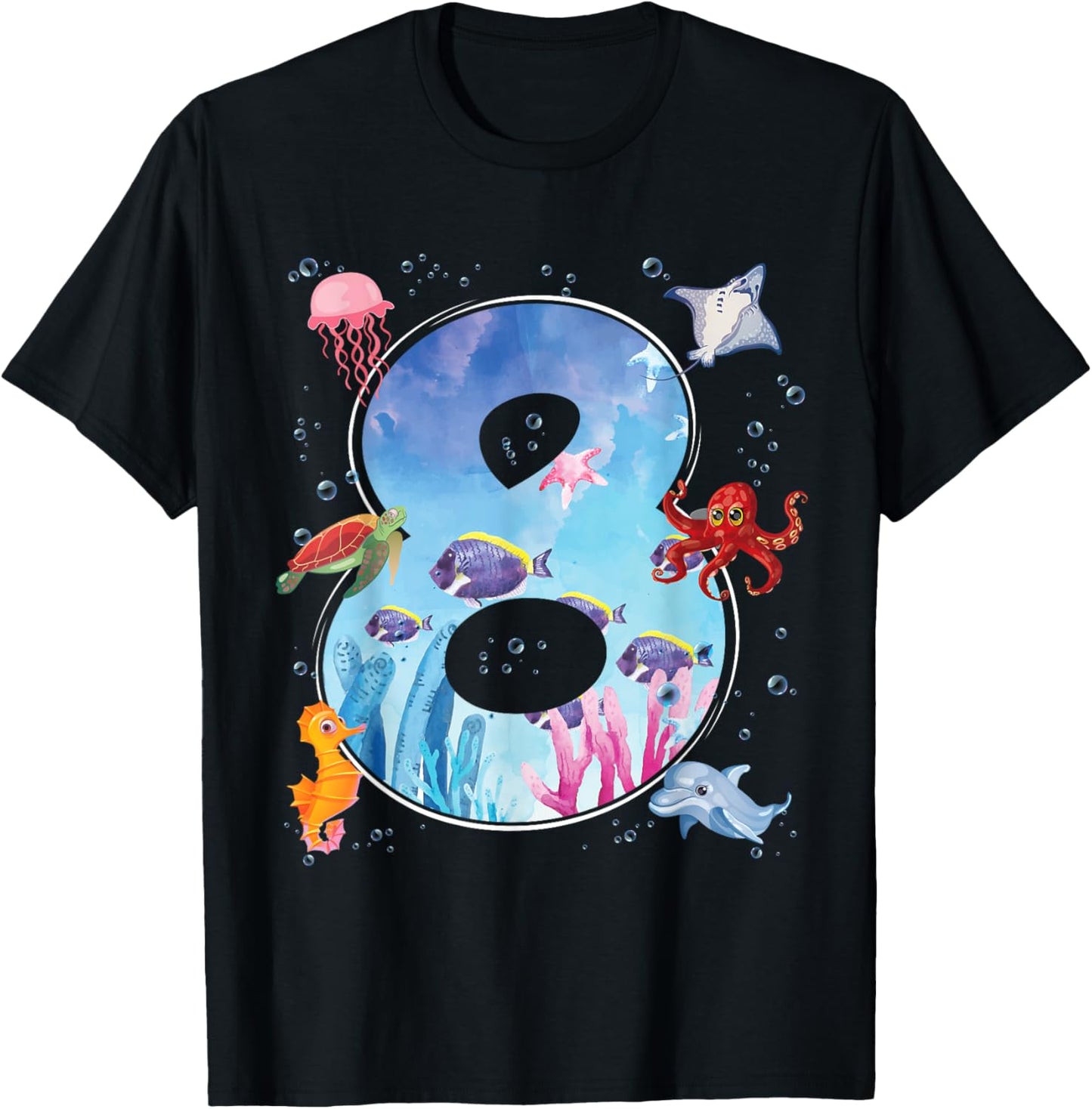 8th Birthday Party Ocean 8 Year Old Sea Fish Aquarium Boy T-Shirt - T-Shirt | Black
