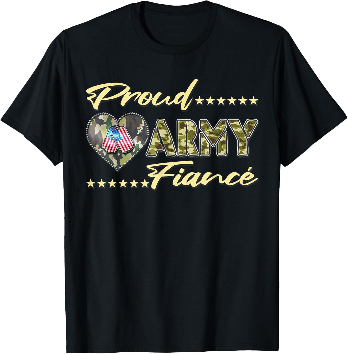 Proud Army Fiance - Camo US Flag Dog Tag Military Lover Gift T-Shirt - T-Shirt | Black