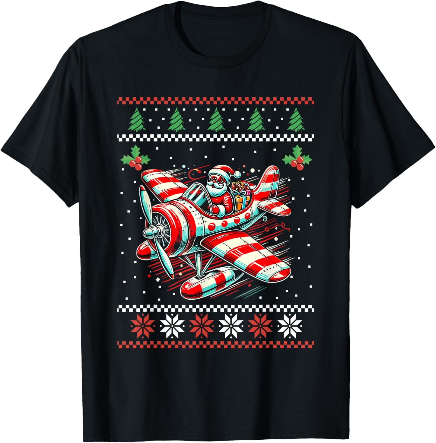 Santa Claus Flying Airplane Ugly Christmas Sweater Xmas T-Shirt - T-Shirt | Black