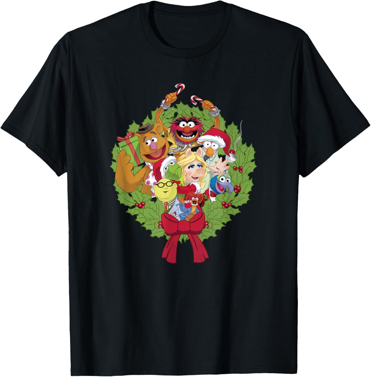 Disney The Muppets Christmas Muppet Group Wreath T-Shirt - T-Shirt | Black